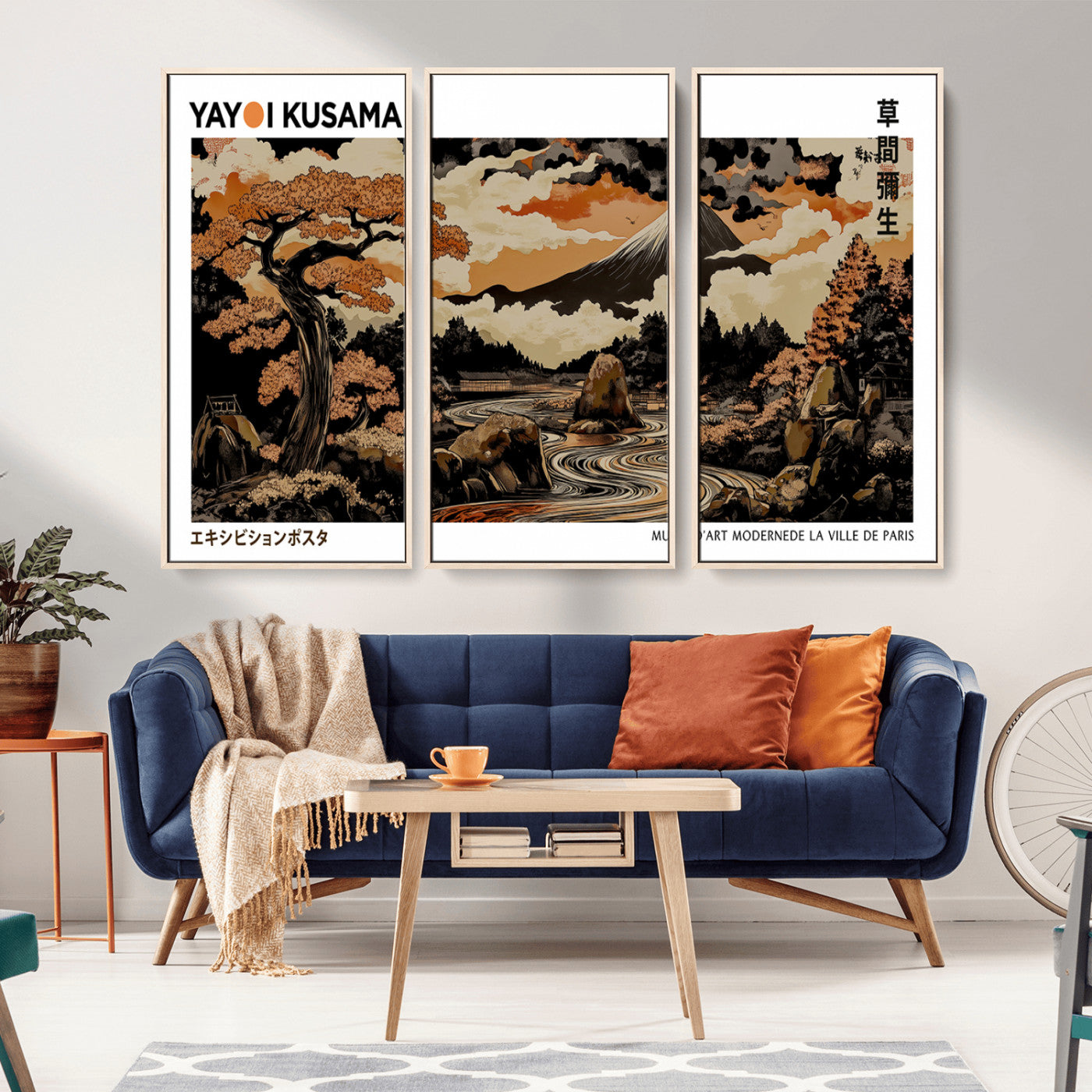 96372548-MGV-CV-36X24-Modern Japanese Wall Art Canvas Print – Framed Abstract Mount Fuji Scene with Yayoi Kusama Style Artwork for Home, Office