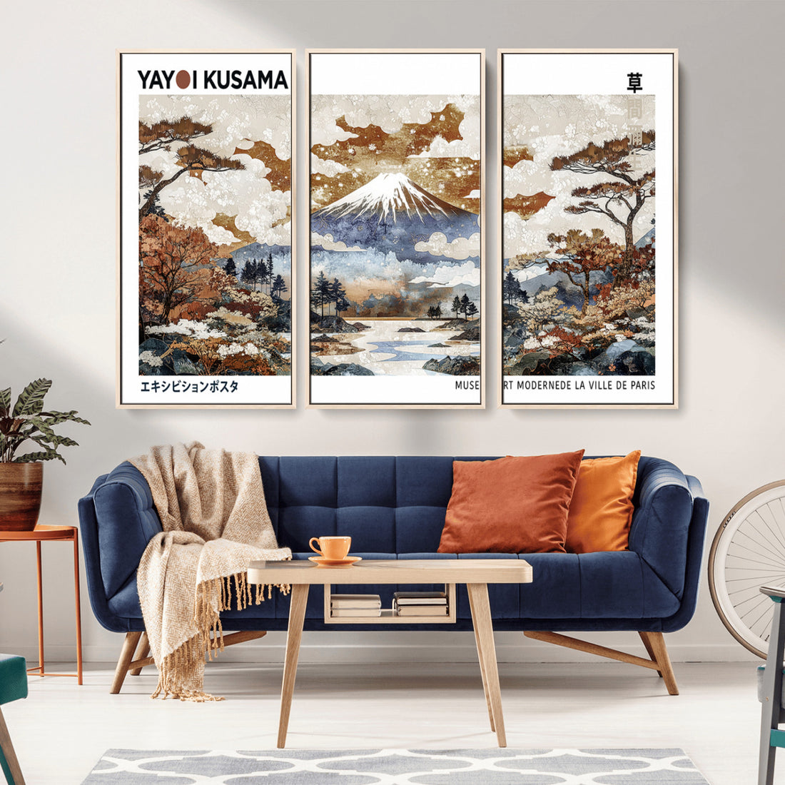 Modern Japanese Wall Art Canvas Print, Framed Abstract Mount Fuji Landscape, Yayoi Kusama Canvas Wall Art