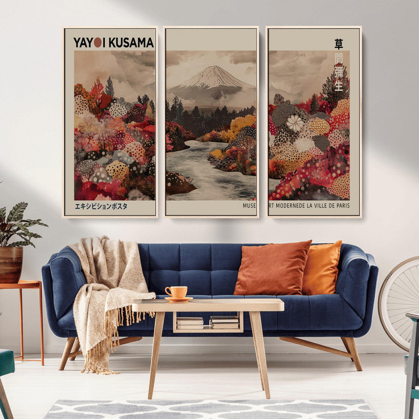 90660838-MGV-CV-36X24-Modern Japanese Wall Art Canvas Print – Framed Abstract Mount Fuji Scene with Yayoi Kusama Artwork for Home, Office