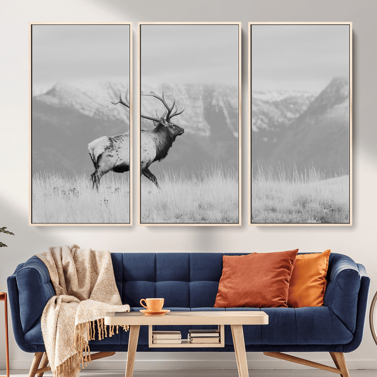 36150391-MGV-FC-48X32-3P - Wall Art Canvas Print – Majestic Elk Black & White Wilderness, Scenic Mountain and Grassland Landscape, Wildlife Nature Decor for Home or Office
