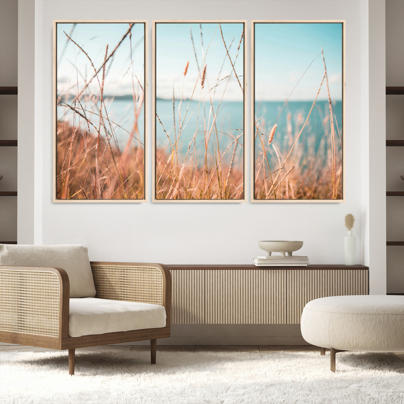 36108696-MGV-FC-48X32-3P-Coastal Grass Landscape Wall Art Canvas Print – Golden Shoreline Nature Scene Serene Ocean View Artwork for Home Office