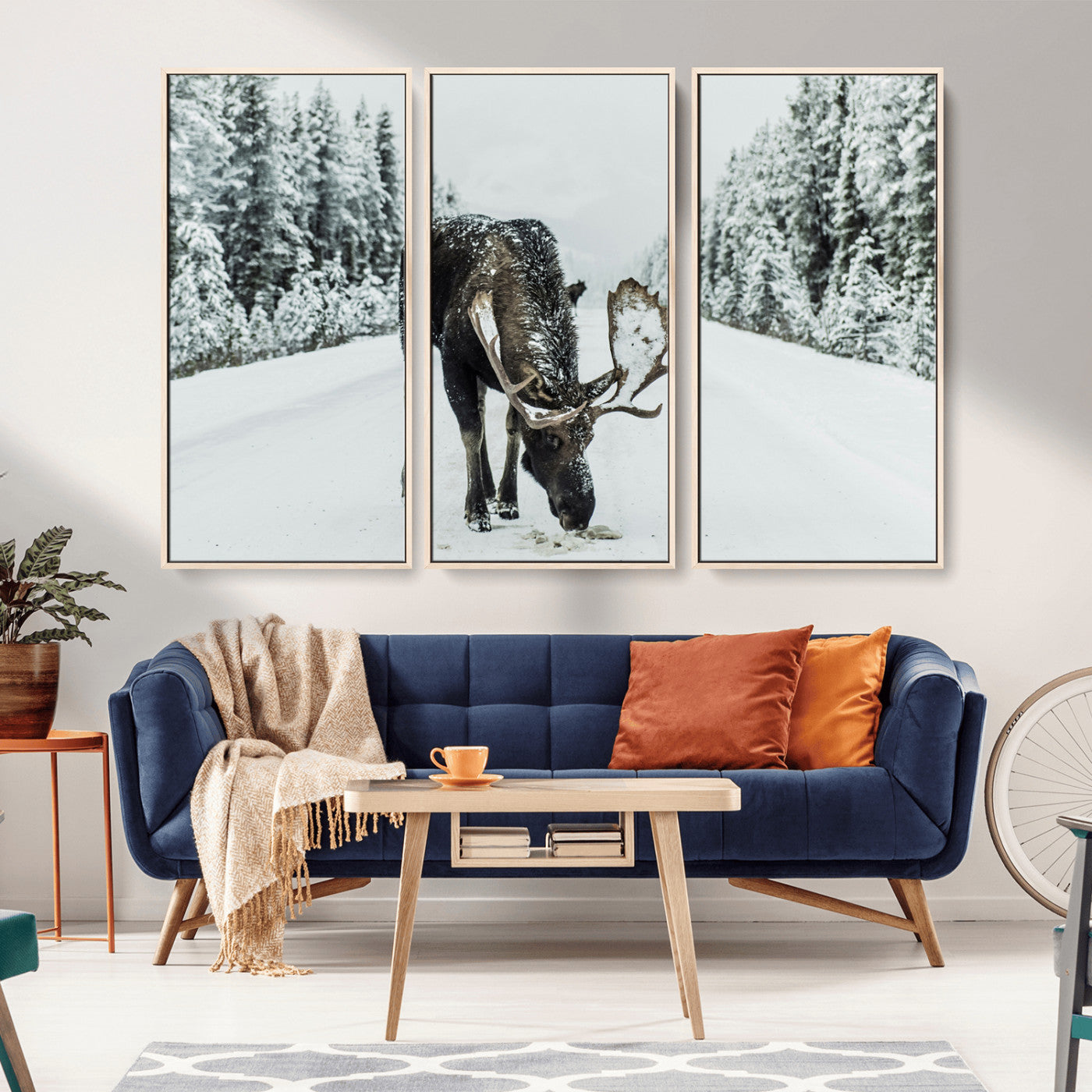 -Moose Snow Wall Art Canvas Print – Framed Winter Wildlife Snowy Forest Nature Scene Artwork for Home, Office, Living Room