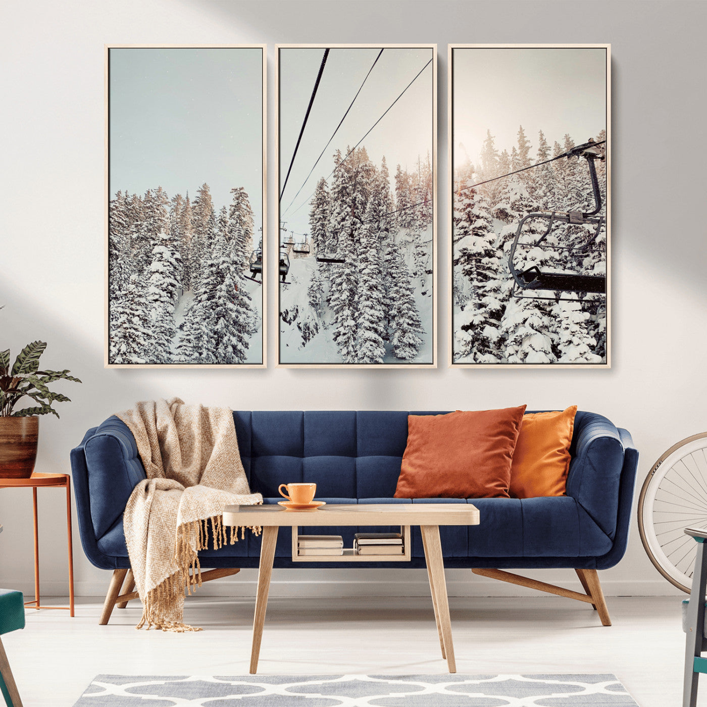 91534512-MGV-CV-36X24-Frosty Pines Wall Art Canvas Print – Framed Cozy Cabin Ski Lift Ride Winter Scene Artwork for Home Office