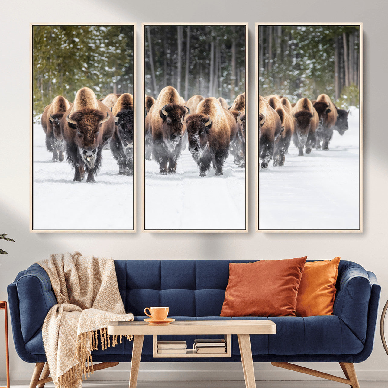 96906195-MGV-FC-48X32-3P - American Bison Herd Snow Canvas Wall Art – Powerful Winter Wildlife Print of Buffalo Motion, Rustic Lodge or Western Cabin Decor for Living Room, Office