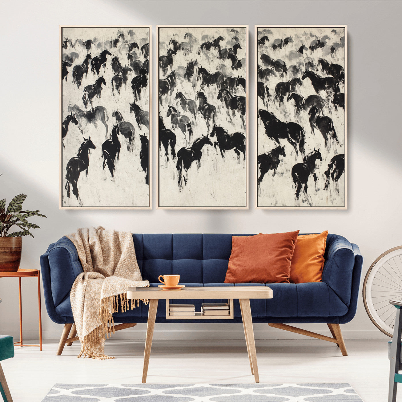 -Wild Horse Stampede Wall Art Canvas Print – Monochrome Running Horses Dynamic Motion Elegant Scene Artwork for Home, Office