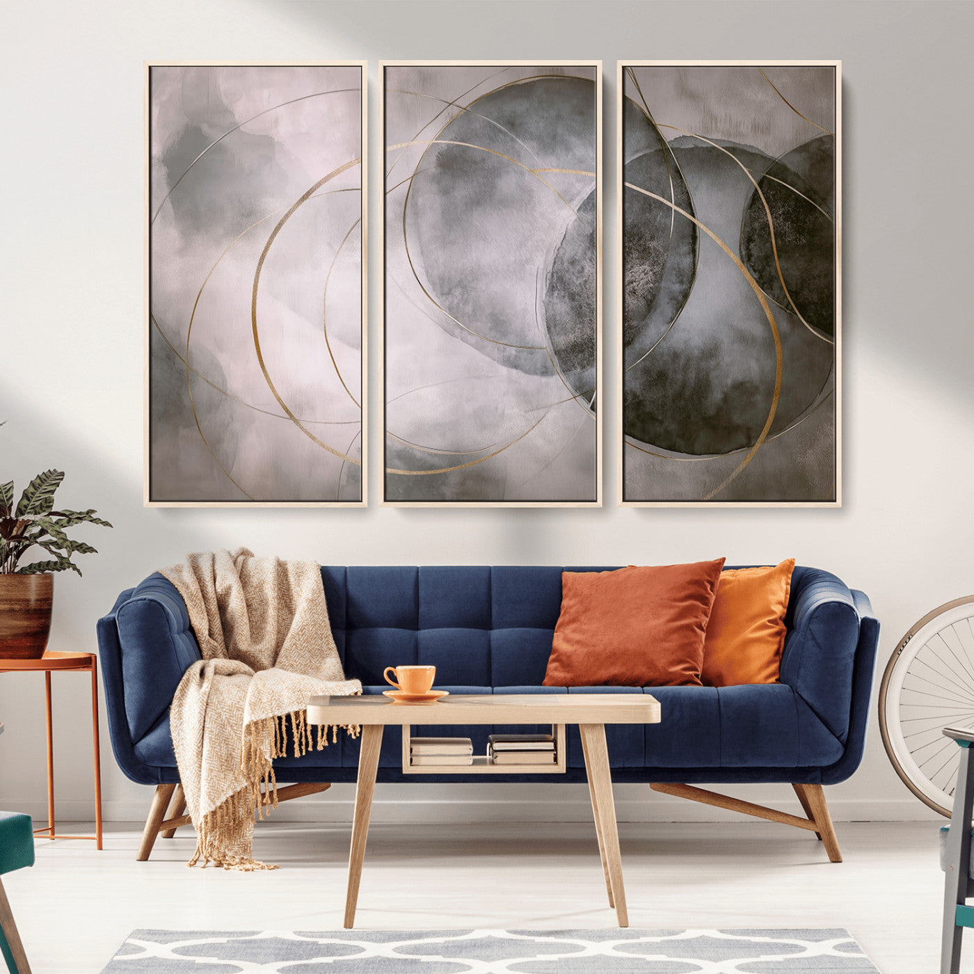 20066876-MGV-CV-36X24-Abstract Grey Gold Circle Wall Art – Modern Geometric Canvas Artwork, Minimal Elegant Design, Luxury Wall Decor for Home, Office