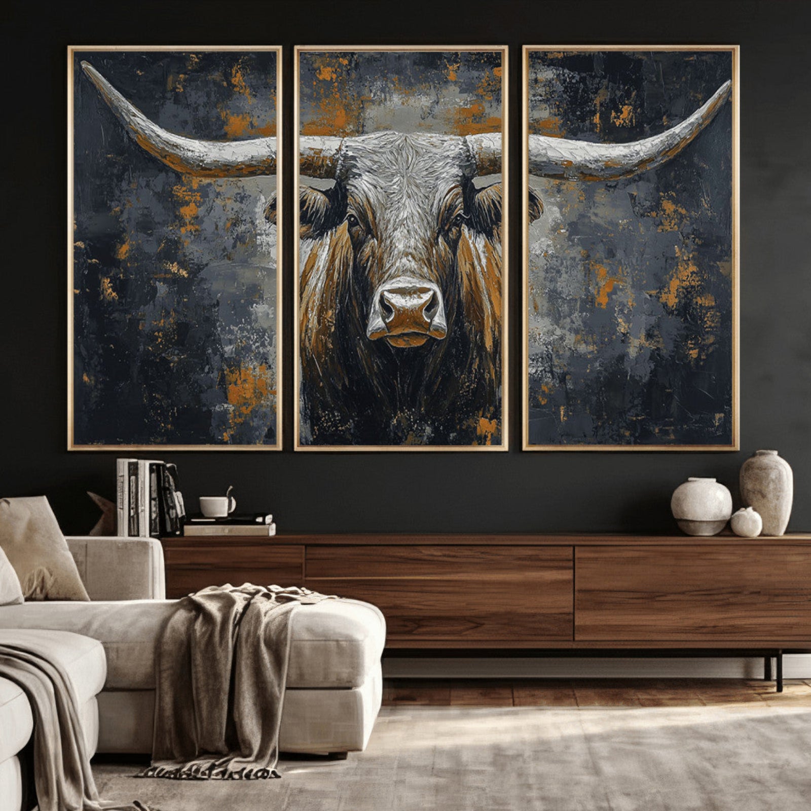 73972561-MGV-CV-36X24 - Bold Bull Wall Art Canvas – Striking Portrait with Wide Horns and Rich Brown Hues, Rustic Farmhouse and Western Decor for Home Room