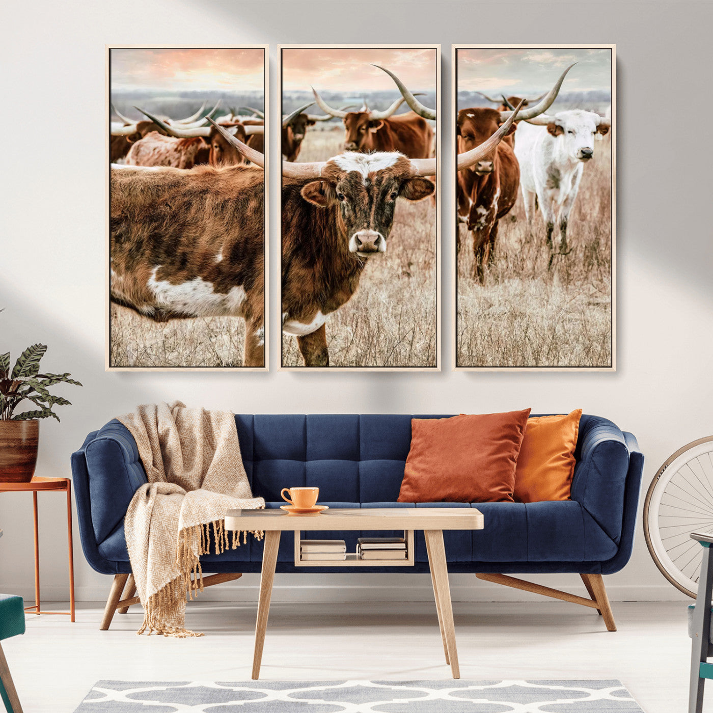 -Texas Longhorn Cattle Wall Art Canvas Print – Rustic Western Ranch Scene with Steers Sunset for Home, Office