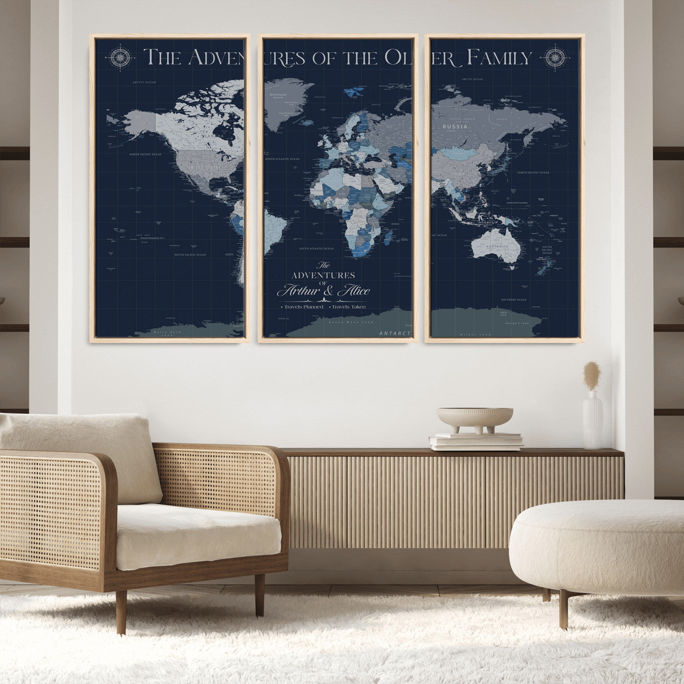 -Personalized Family Adventure World Map – Custom Framed Push Pin Travel Tracker Canvas, Elegant Wall Art for Home, Office