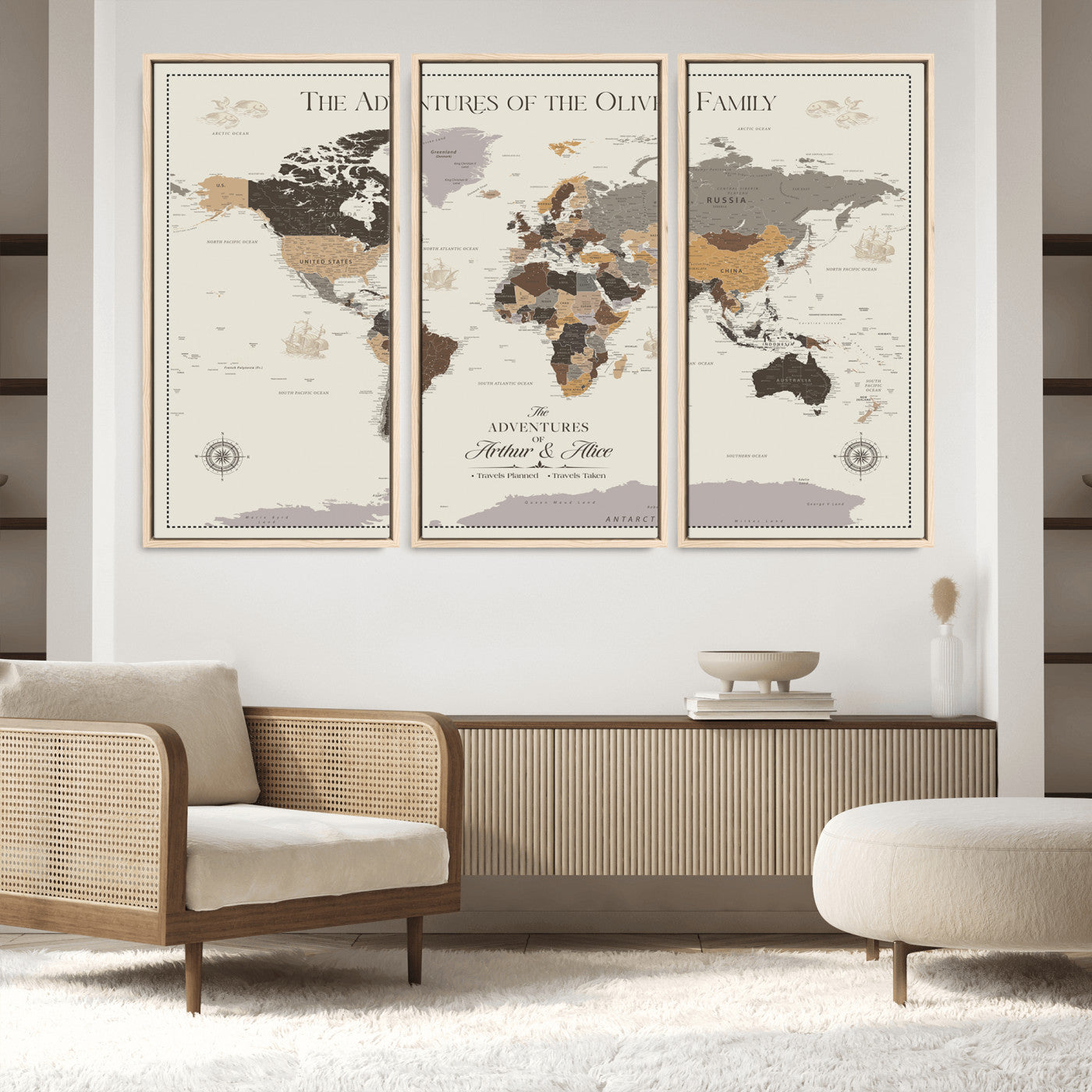 -Personalized Family Adventure World Map Canvas – Custom Framed Push Pin Travel Tracker, Wall Art Gift for Home, Office