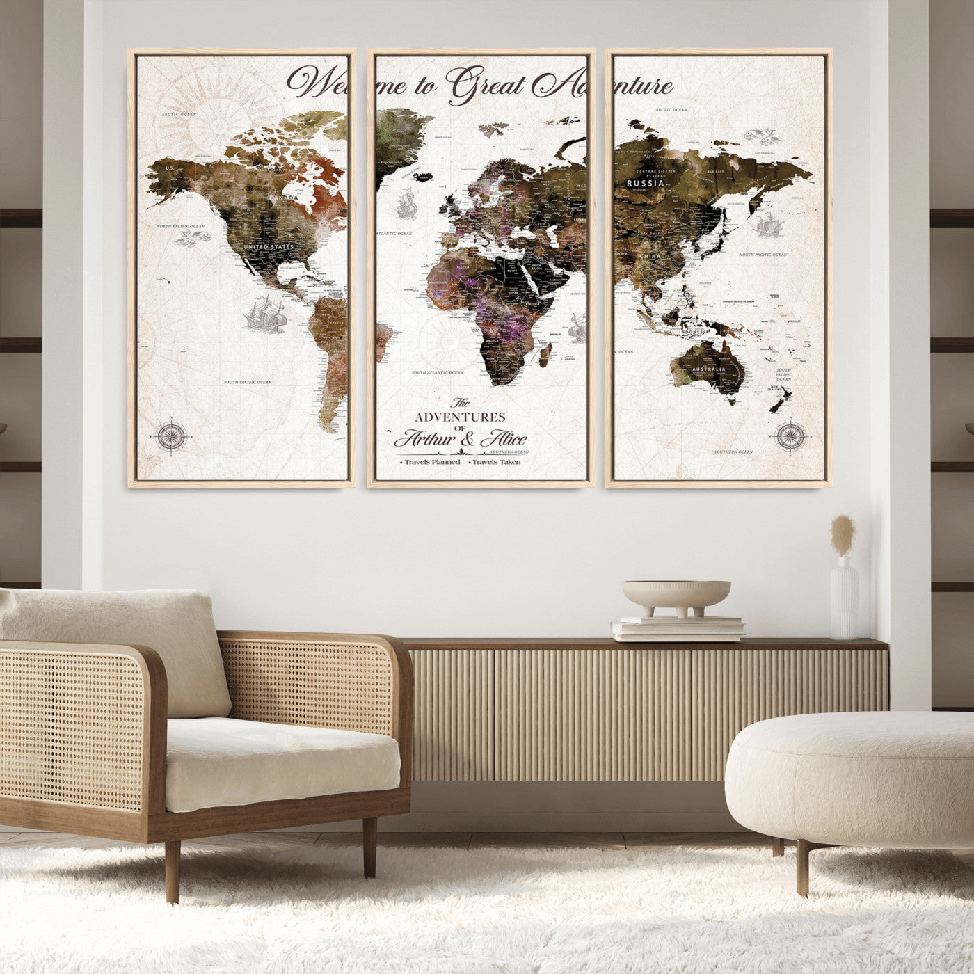 -Personalized World Map Canvas Custom Framed Push Pin Travel Tracker Vintage Adventure Wall Art Gift Couples Travelers Home, Office