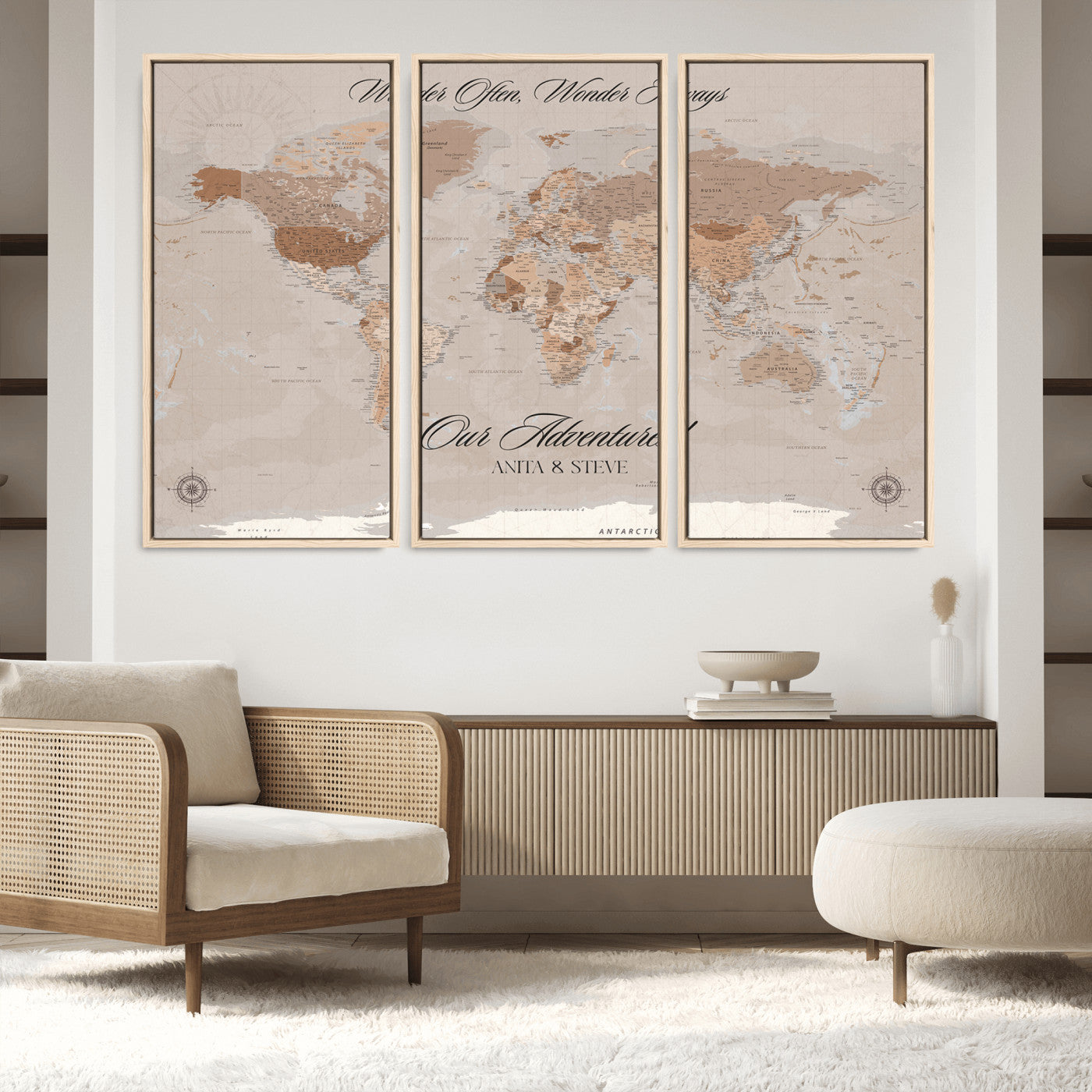 -Personalized World Map Canvas Custom Framed Push Pin Travel Tracker Elegant Neutral Wall Art Gift Couples Travelers for Home, Office