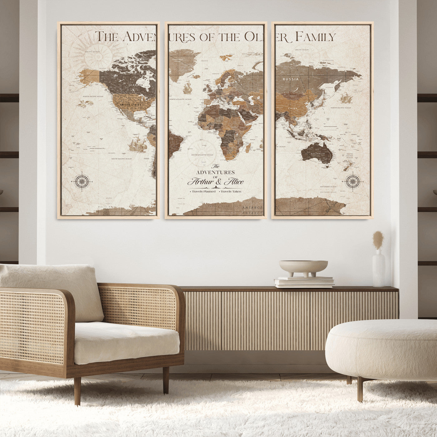84483613-MGV-FC-48X32-3P_Natural-Personalized Push Pin World Map Canvas Print Custom Family Travel Tracker Map Framed Adventure Gift for Couples Home Office