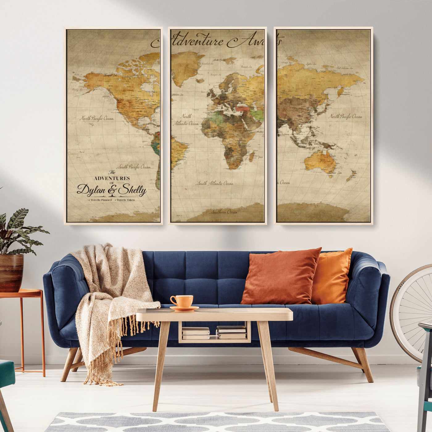 50298017-MGV-FC-48X32-3P_Natural-Personalized World Map Canvas – Custom Framed Push Pin Travel Map Wall Art, Vintage Style Gift for Couples and Travelers