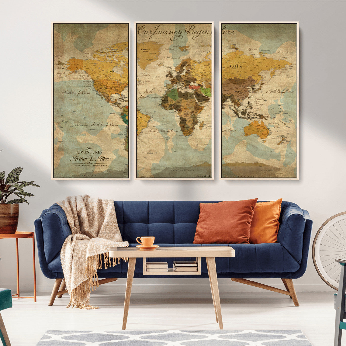 40572820-MGV-FC-48X32-3P_Natural-Personalized World Map Canvas – Custom Framed Push Pin Travel Map Wall Art, Vintage Style Gift for Couples
