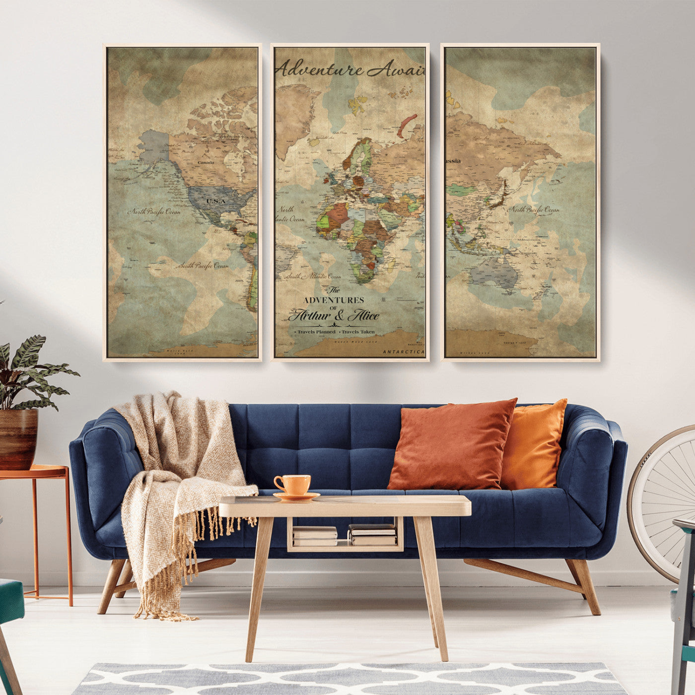 Rehber01-MGV-CV-36X24-Personalized Vintage World Map Canvas Print – Custom Push Pin Travel Map Antique Style Gift for Couples Travelers for Home Office