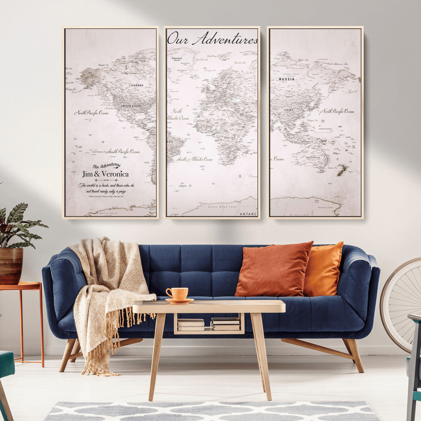 14561774-MGV-FC-48X32-3P_Natural-Custom Push Pin World Map Wall Art – Personalized Travel Canvas Print with Foam Pins Framed Decor for Home, Office