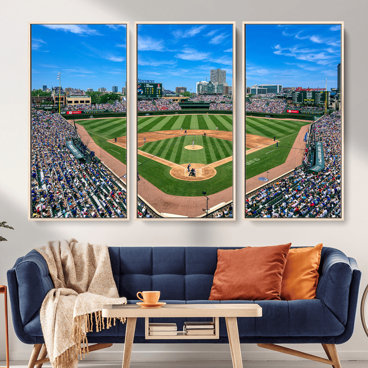 35800083-MGV-FC-48X32-3P - Wrigley Field Baseball Stadium Canvas Wall Art – Packed Crowd Sports Stadium City Skyline Artwork for Home Office