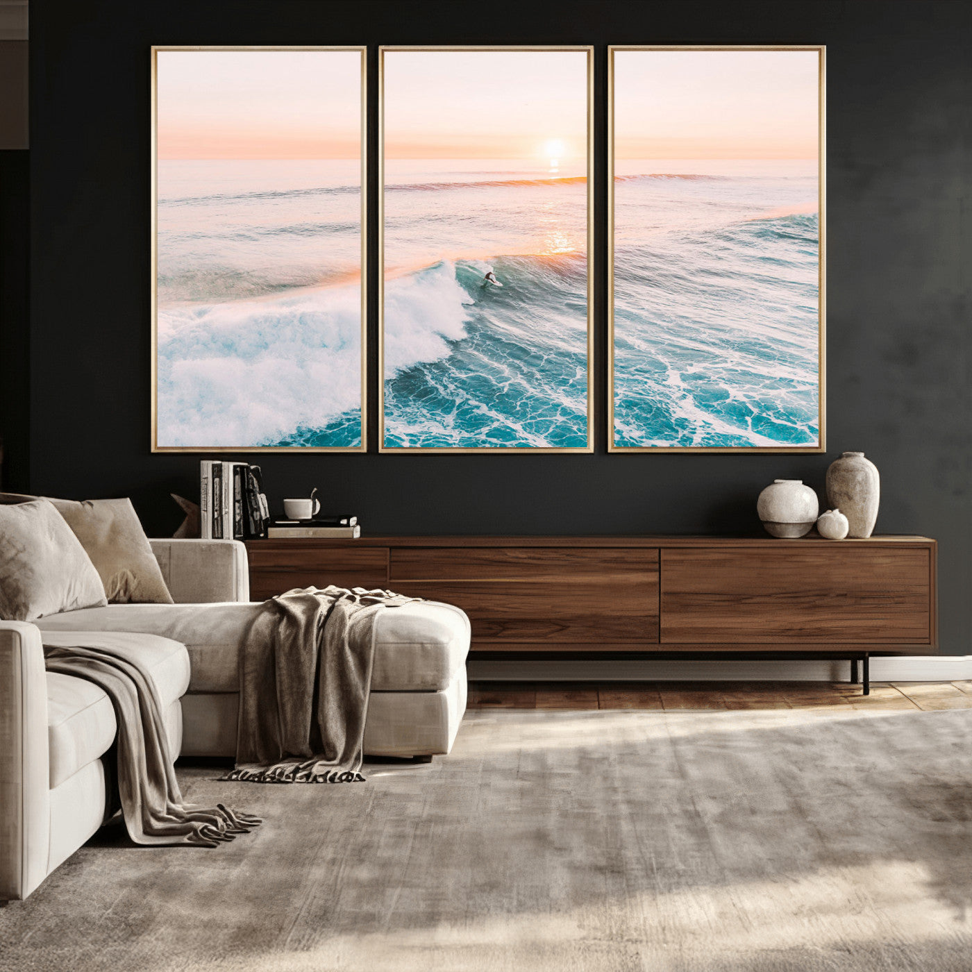 34064591-MGV-CV-36X24 - Sunset Surfing Wall Art Canvas Print, Ocean Wave Surfer with Golden Sky Artwork for Home, Office, Living Room