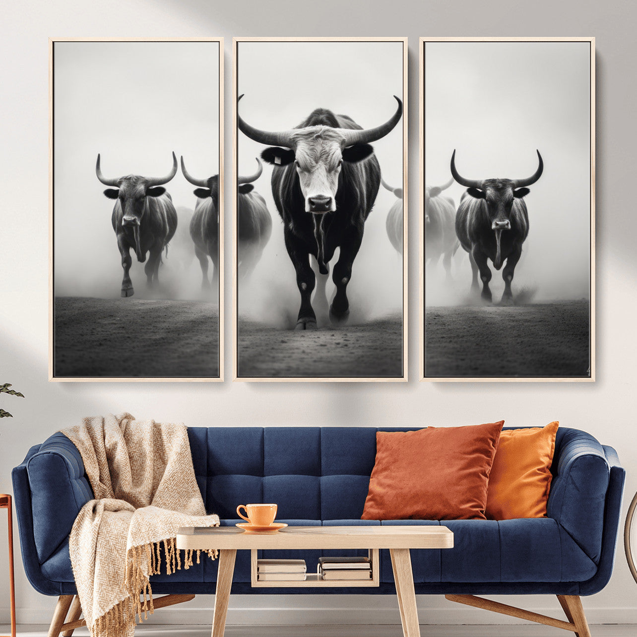 N34534C-MGV-FC-48X32-3P - Texas Bighorn Cow Hern Wall Art Canvas Print, Longhorn Cow Large Wall Art
