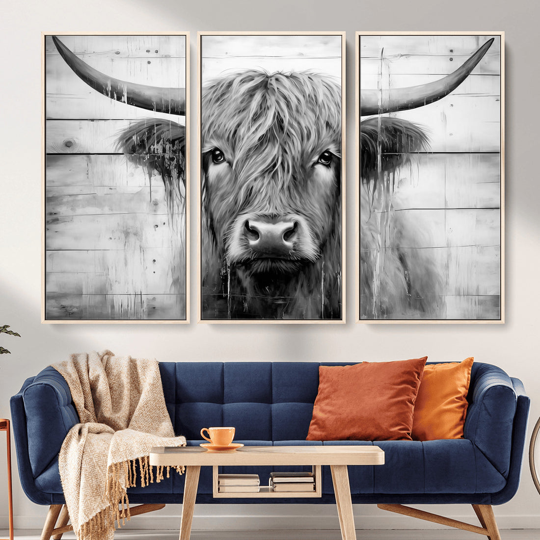 Black White Highland Cow Wall Art Canvas Print