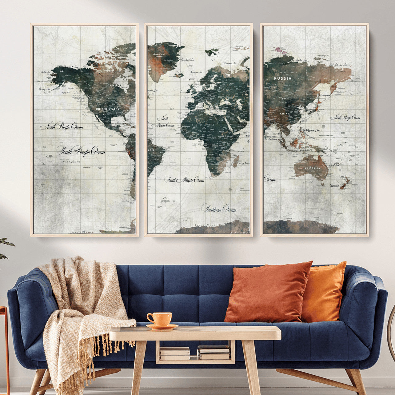 90149079-MGV-FC-48X32-3P - World Map Wall Art Canvas Print, Modern Decorative Framed Map Artwork Prints for Living Room, Office, Bedroom Wall Decor