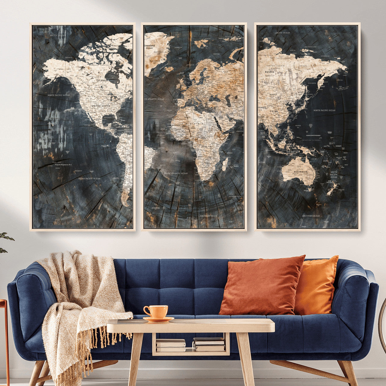 57626704-MGV-FC-48X32-3P - World Map Wall Art Canvas Print, Modern Decorative Framed Map Artwork Prints for Living Room, Office, Bedroom Wall Decor