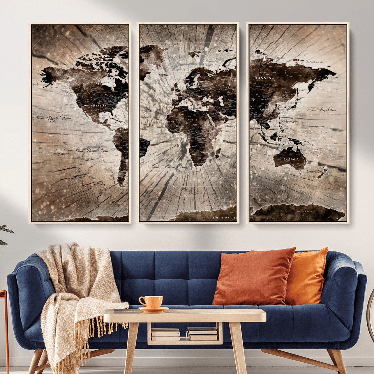 35326624-MGV-FC-48X32-3P - World Map Wall Art Canvas Print, Modern Decorative Framed Map Artwork Prints for Living Room, Office, Bedroom Wall Decor