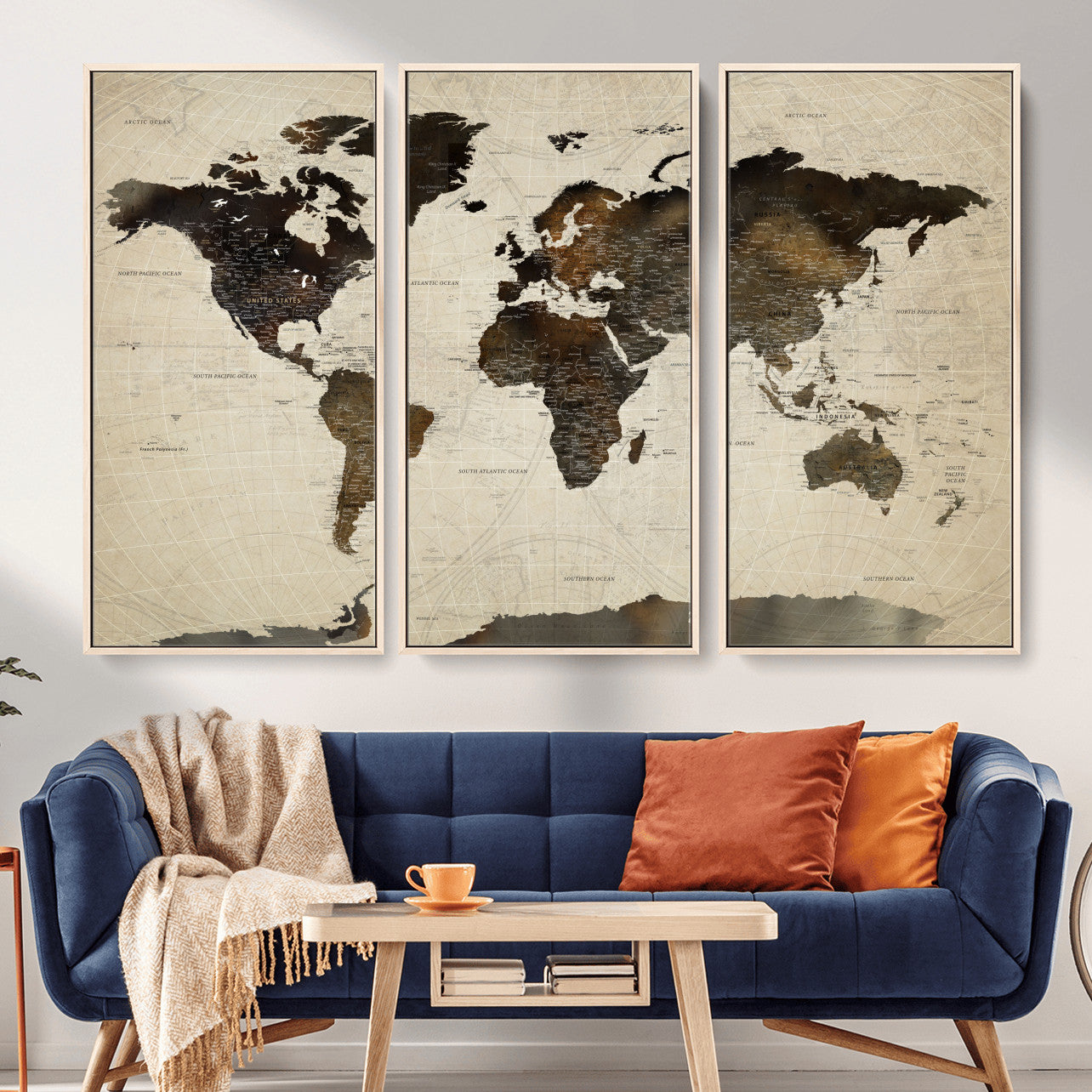 81771296-MGV-FC-48X32-3P - World Map Wall Art Canvas Print, Modern Decorative Framed Map Artwork Prints for Living Room, Office, Bedroom Wall Decor