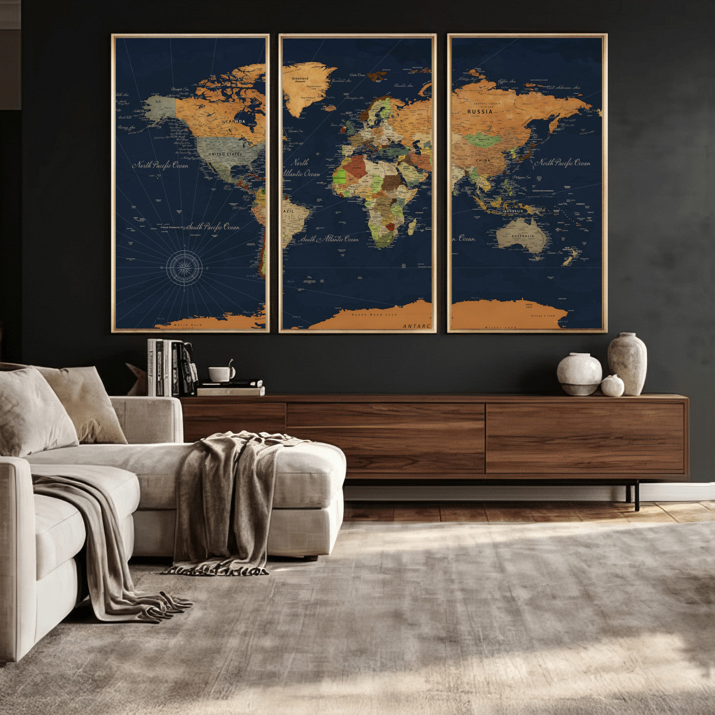 11715182-MGV-CV-36X24 - World Map Wall Art Canvas Print, Modern Decorative Framed Map Artwork Prints for Living Room, Office, Bedroom Wall Decor