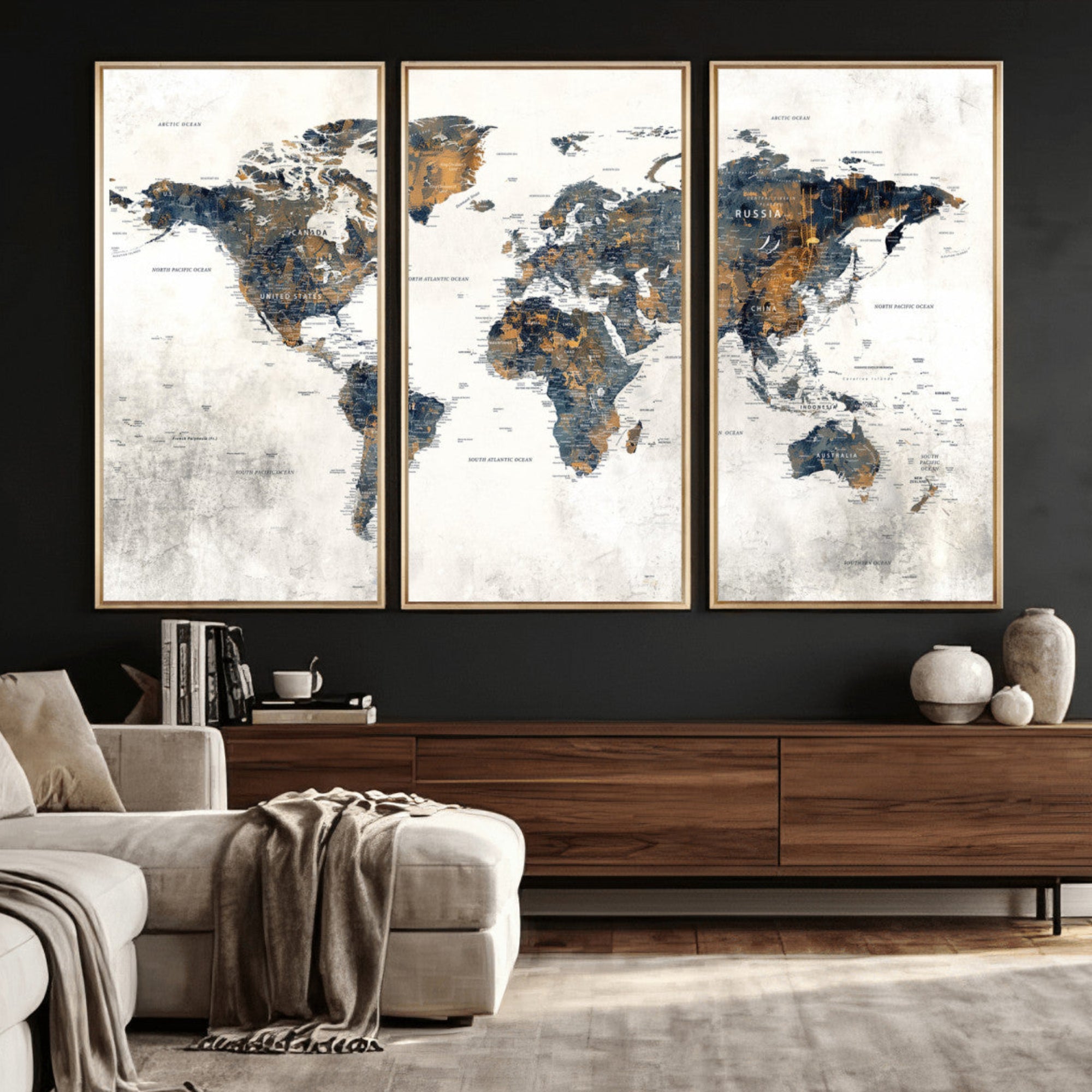 52451147-MGV-CV-36X24 - World Map Wall Art Canvas Print, Modern Decorative Framed Map Artwork Prints for Living Room, Office, Bedroom Wall Decor