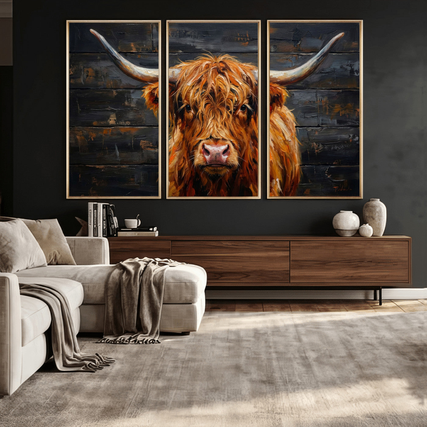 32536611-MGV-CV-36X24 - Highland Cow Wall Art Canvas Print, Rustic Farm Animal Painting, Framed Wall Art Ready to Hang