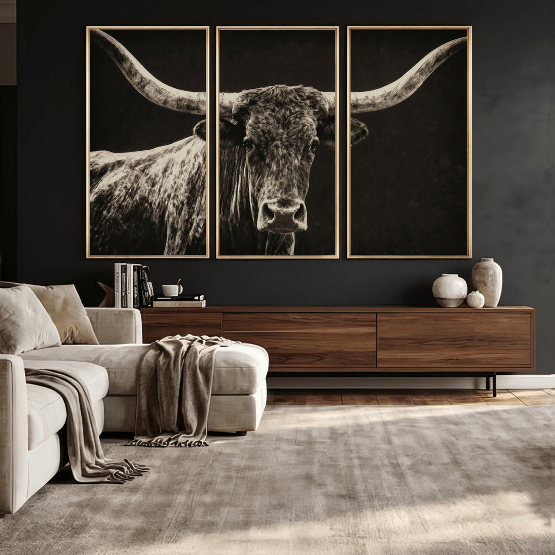 Vintage Texas Longhorn Bull Wall Art Canvas Print, Cow Portrait, Framed and Ready to Hang