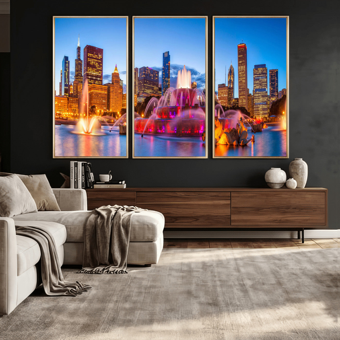 20251989-MGV-CV-36X24 - Chicago Wall Art Canvas Print, Chicago City Downtown Night Cityscape Print for Modern Urban Wall Decor