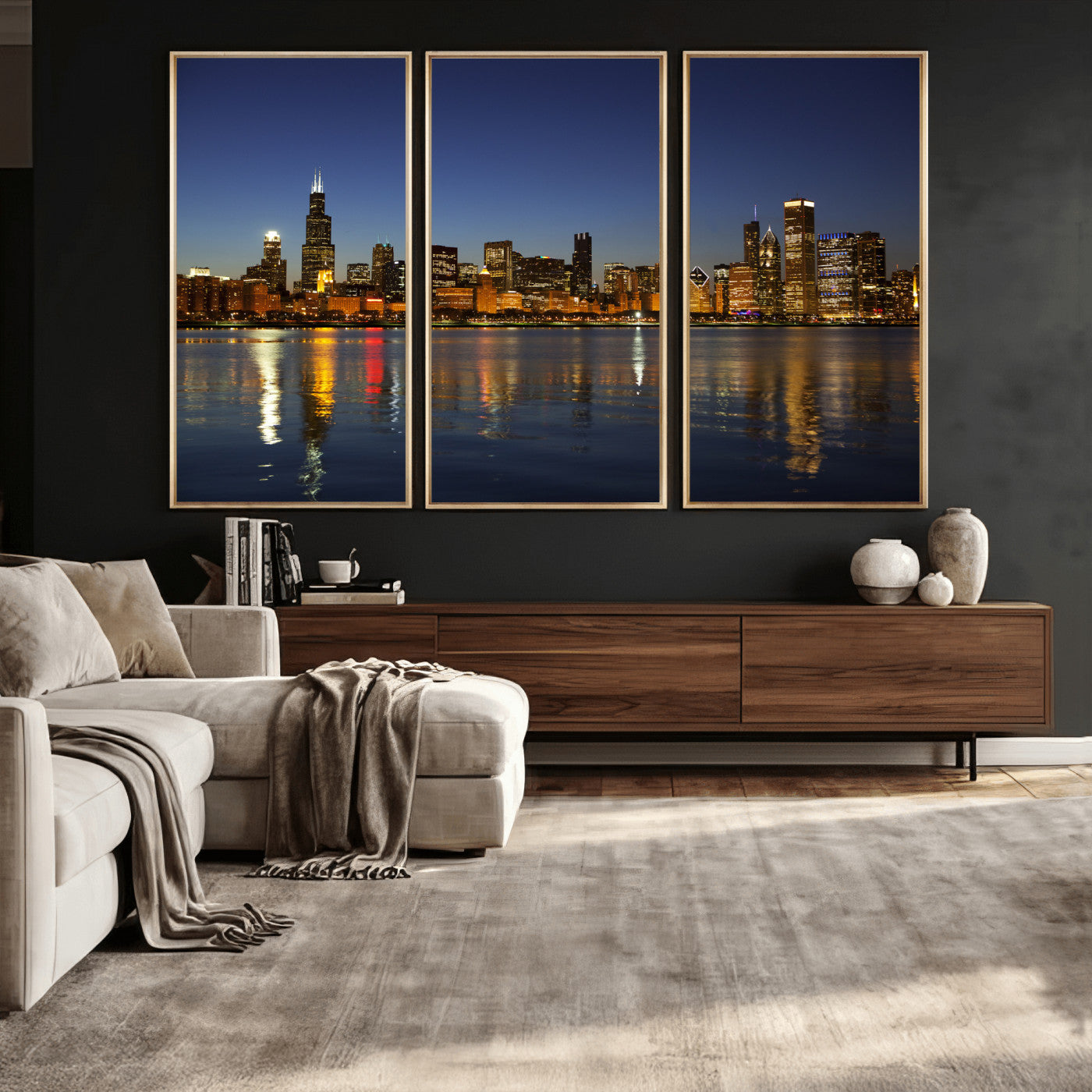 67308035-MGV-CV-36X24 - Chicago Wall Art Canvas Print, Chicago City Downtown Night Cityscape Print for Modern Urban Wall Decor