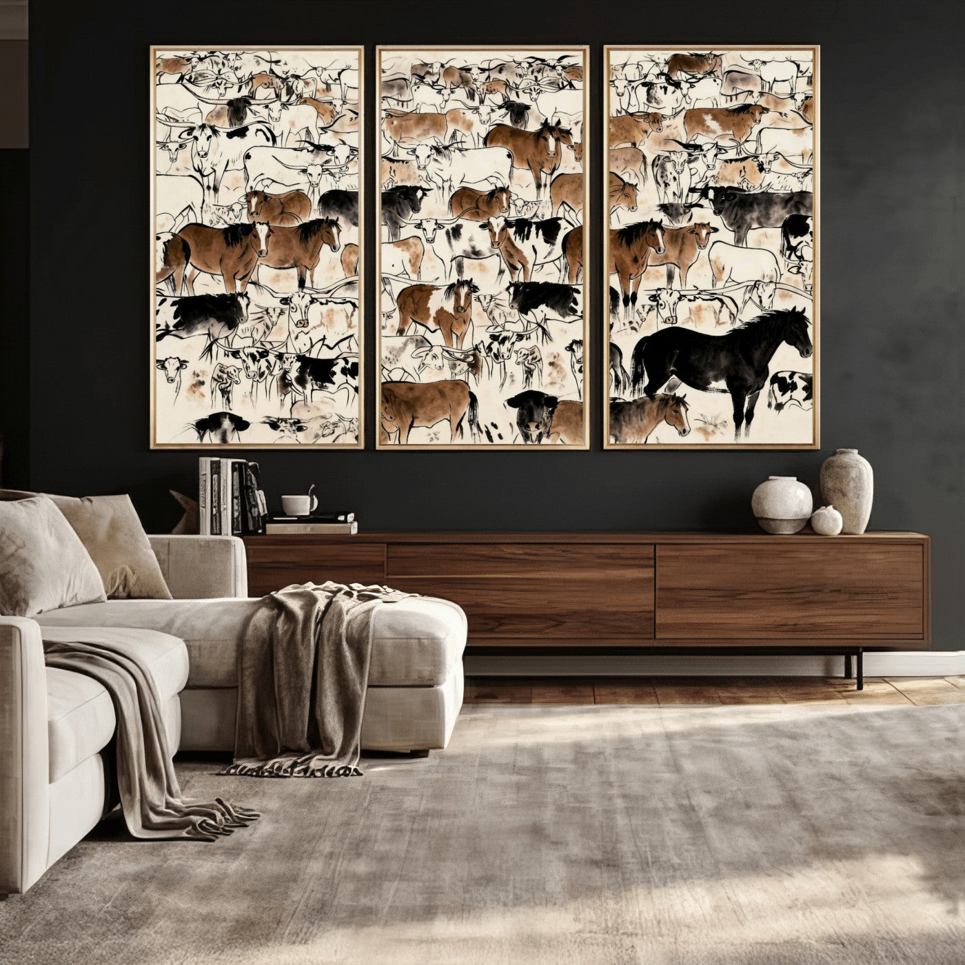 86150485-MGV-CV-36X24 - Farmhouse Animals Wall Art Canvas Print - Abstract Farm Animal Drawing Mid-Century Wall Art for Cabin Decor