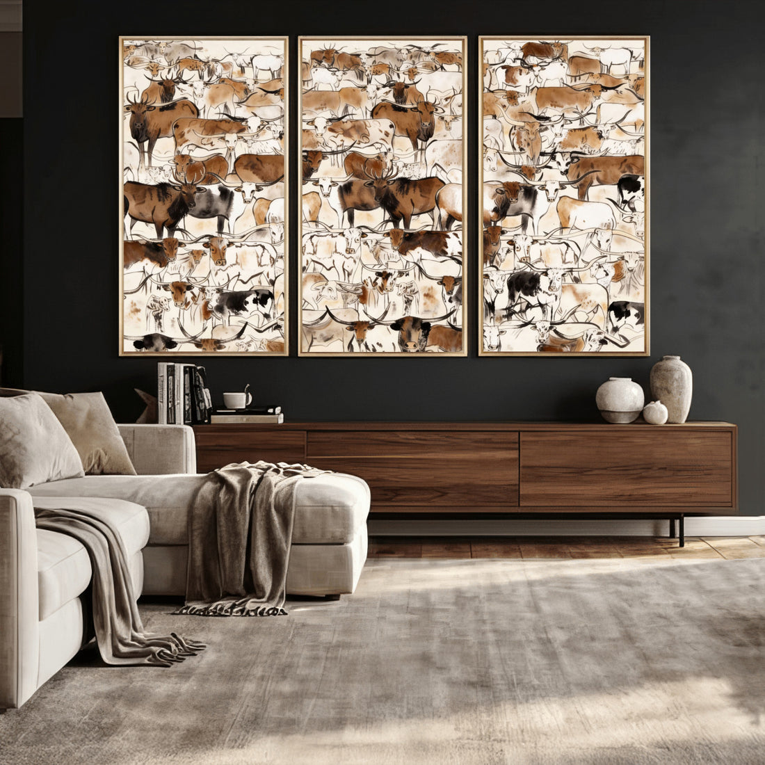 Large Longhorn Wall Art Canvas Print, Abstract Cow Animal Drawing, Mid-Century Cabin Decor