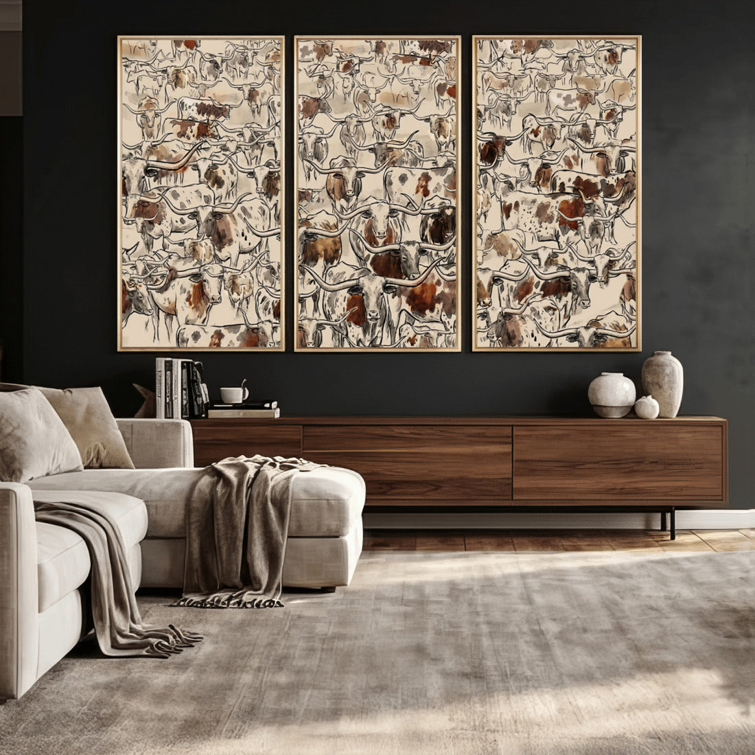 Abstract Longhorn Wall Art Canvas Print, Farm Animal Drawing, Mid-Century Cabin Decor