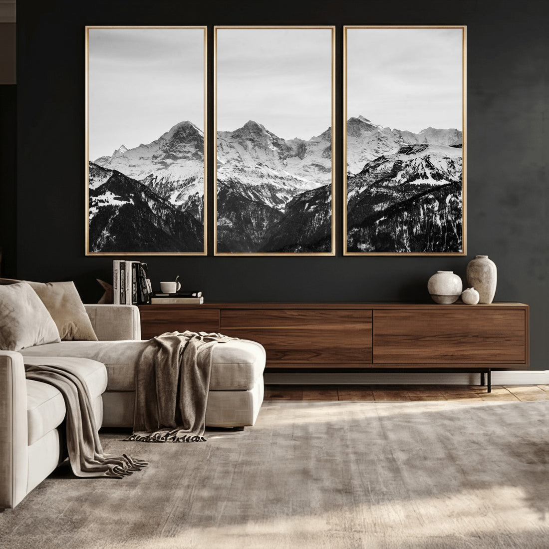 Black and White Mountain Wall Art Canvas Print, Snowy Alpine Peaks Minimal Landscape Photography