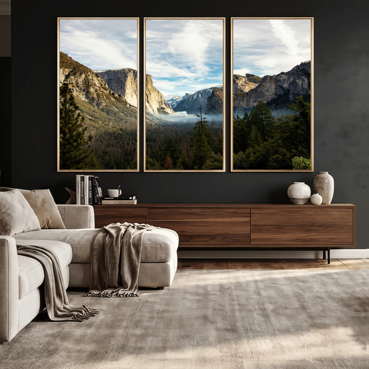 15089394-MGV-CV-36X24 - Yosemite Valley Mountain Landscape Wall Art Canvas Print, Granite Cliff Forest Valley Canvas Print, California National Park Scenic Art Printing