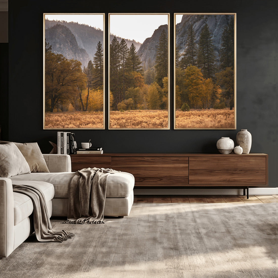 Yosemite Valley Autumn Forest Landscape Wall Art Canvas Print, Granite Mountain and Pine Trees