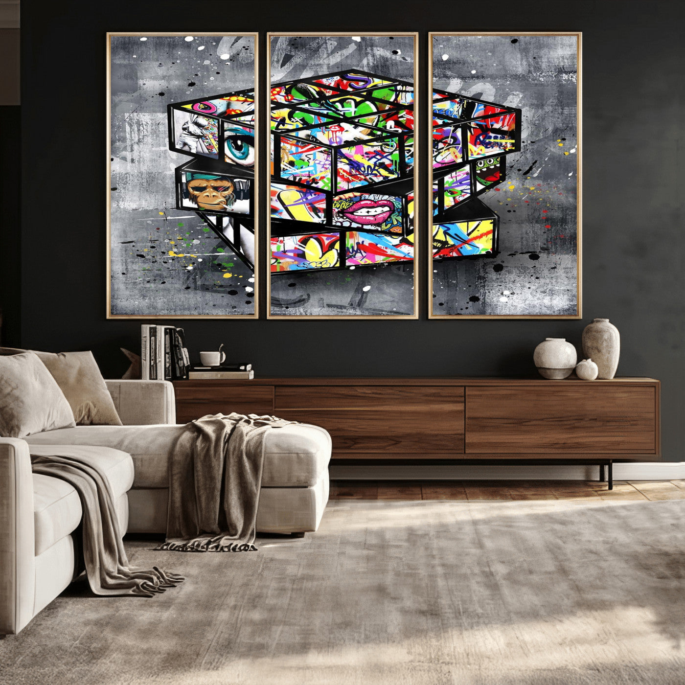 46789556-MGV-CV-36X24 - Graffiti Cube Abstract Street Art Wall Art Canvas Print, Colorful Urban Pop Art Geometric Canvas Print, Modern Street Art Contemporary Art Printing