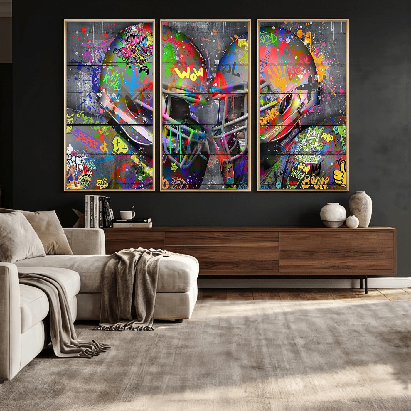 15309853-MGV-CV-36X24 - Graffiti Football Helmets Wall Art Canvas Print, Urban Street Art Sports Decor, Colorful American Football Graffiti Artwork