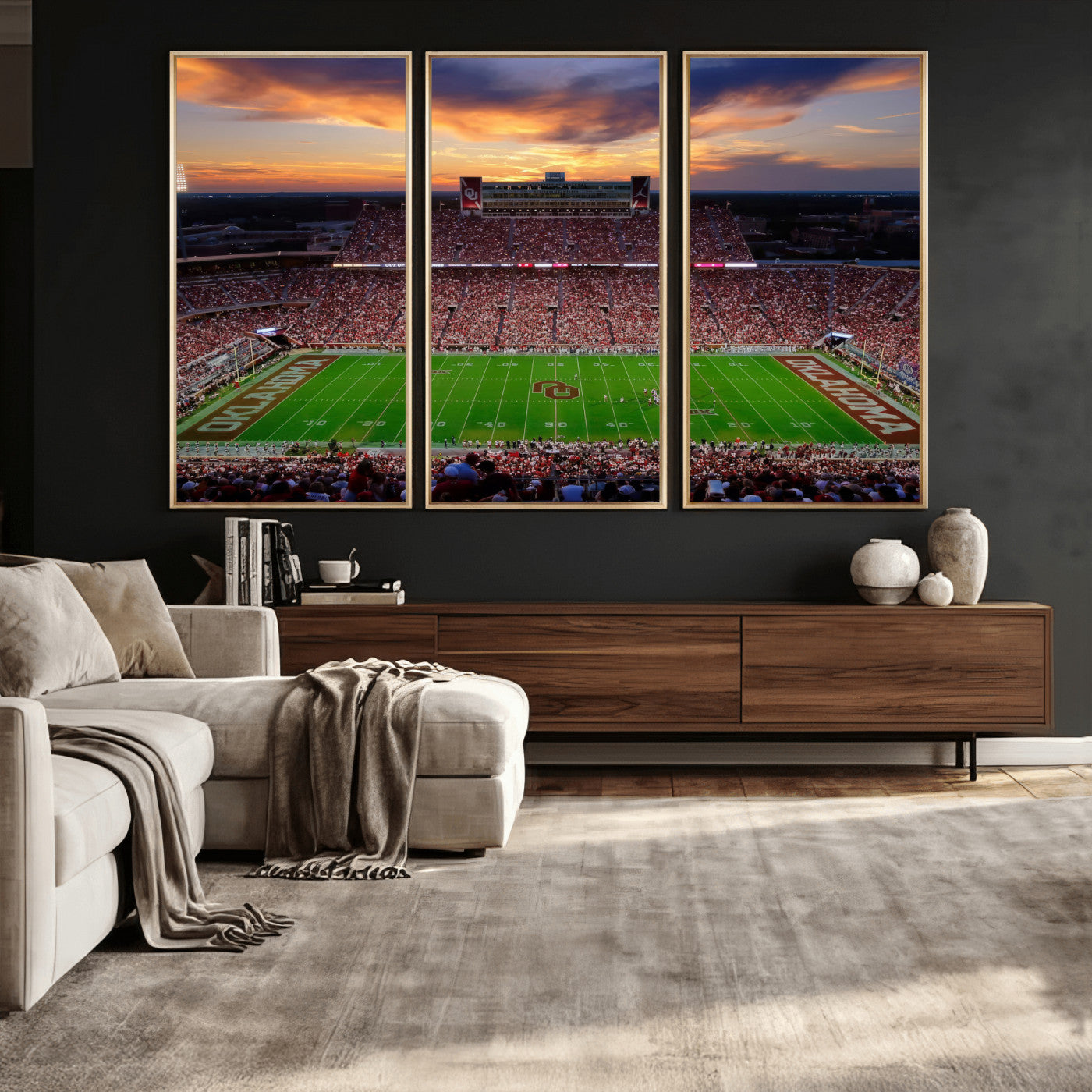 51457497-MGV-CV-36X24 - Oklahoma Sooners Stadium Wall Art Canvas Print, College Football Sunset Game Scene, OU Football Field Panorama Wall Decor