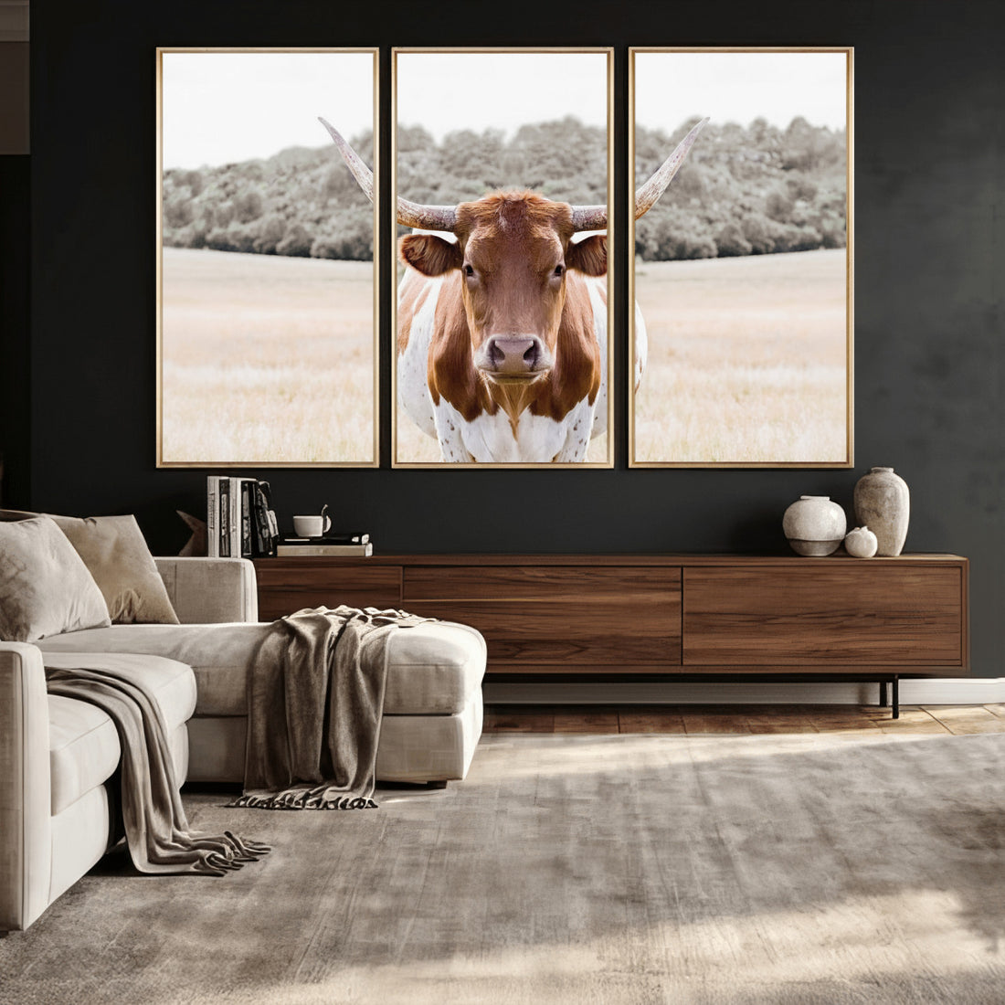 Texas Longhorn Bull Wall Art Canvas Print, Rustic Western Decor