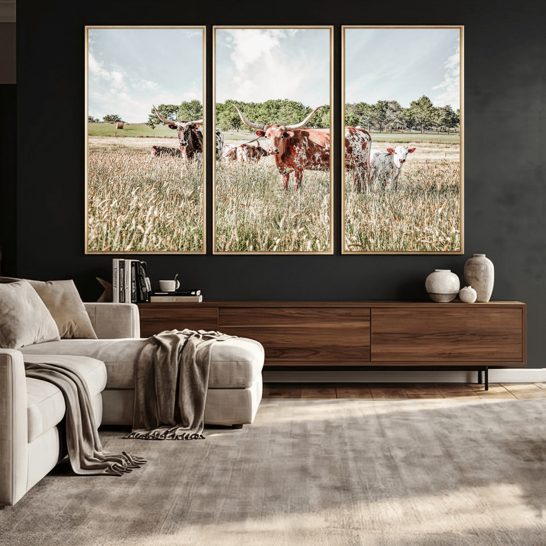 Texas Longhorn Cattle Wall Art Canvas Print, Rustic Ranch Decor