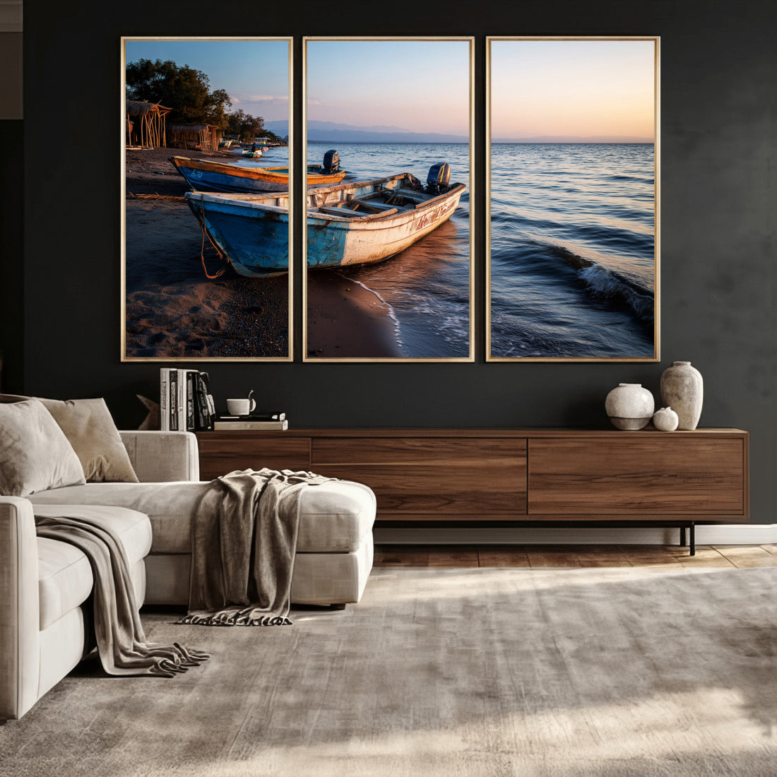 Coastal Fishing Boats Wall Art Canvas Print, Sunset Beach