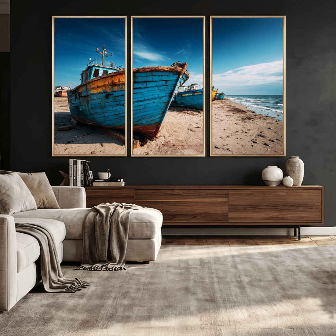 Coastal Fishing Boats Wall Art Canvas Print, Sunset Beach