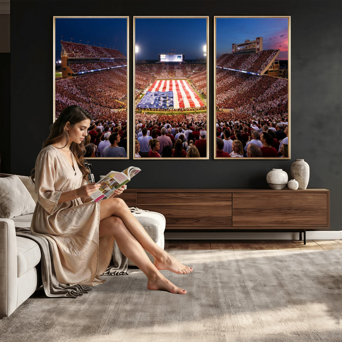 59917418-MGV-CV-36X24 - Oklahoma Memorial Stadium Wall Art Canvas Print – Oklahoma Sooners Football Artwork for Home, Office, and Sports Room Decor
