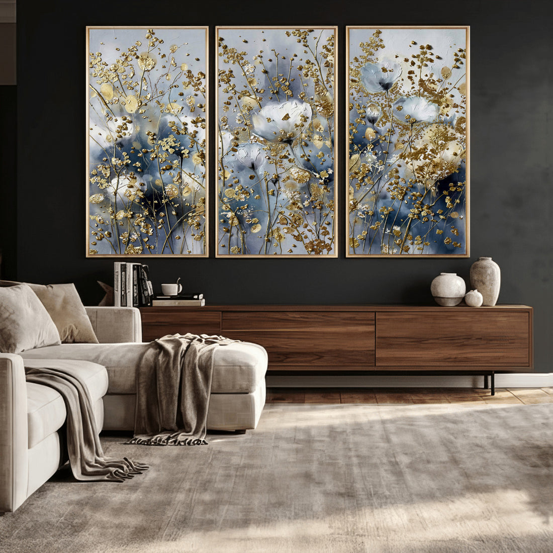 Abstract Floral Wall Art Canvas Print | Gold and Blue Botanical Artwork